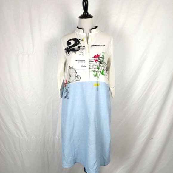 W5 Tops - W Brand Cotton Flax Kurti Tunic Dress Top Blue Floral Printed Size 10 Small